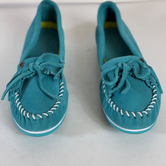 Minnetonka Turquoise Suede Moccasins Kitty Plus Womens Size 10 Fringe Whipstitch - Picture 15 of 16